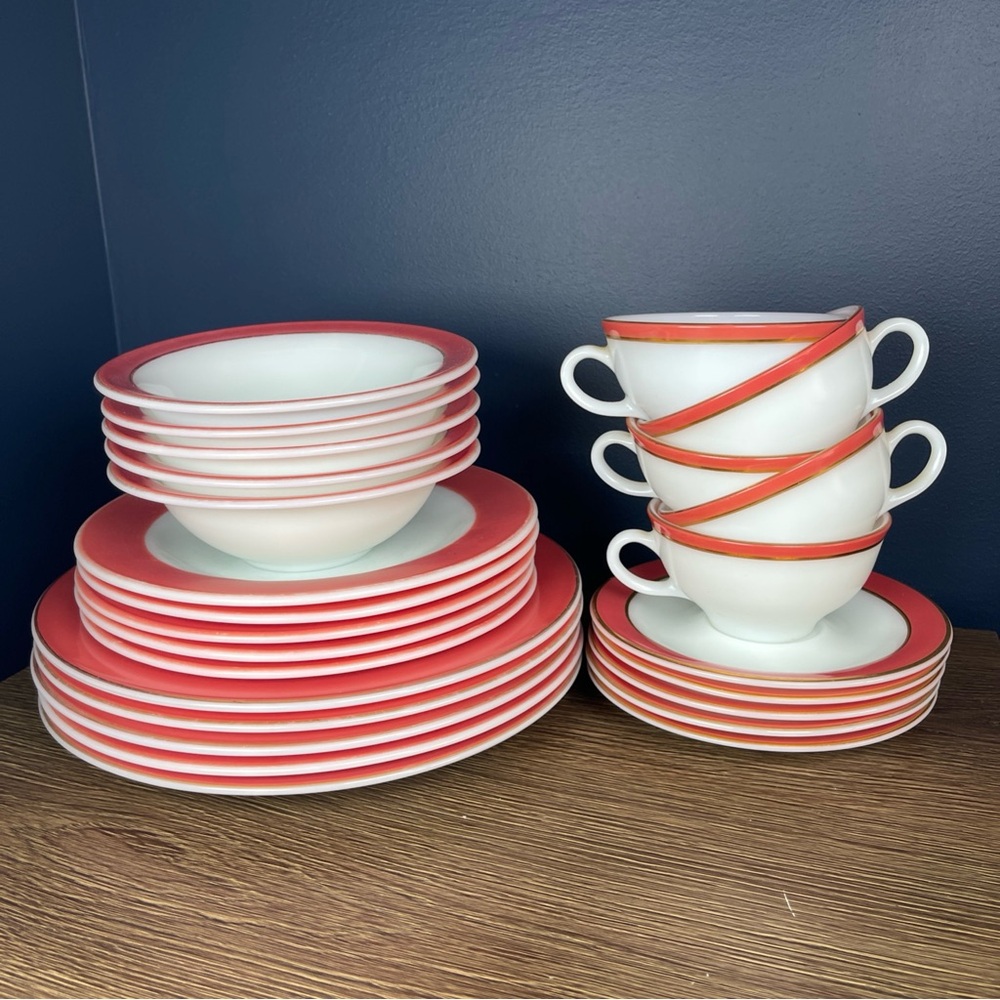 VTG Pyrex Pink Flamingo Dinnerware service for 5 mid century modern 1950s GUC